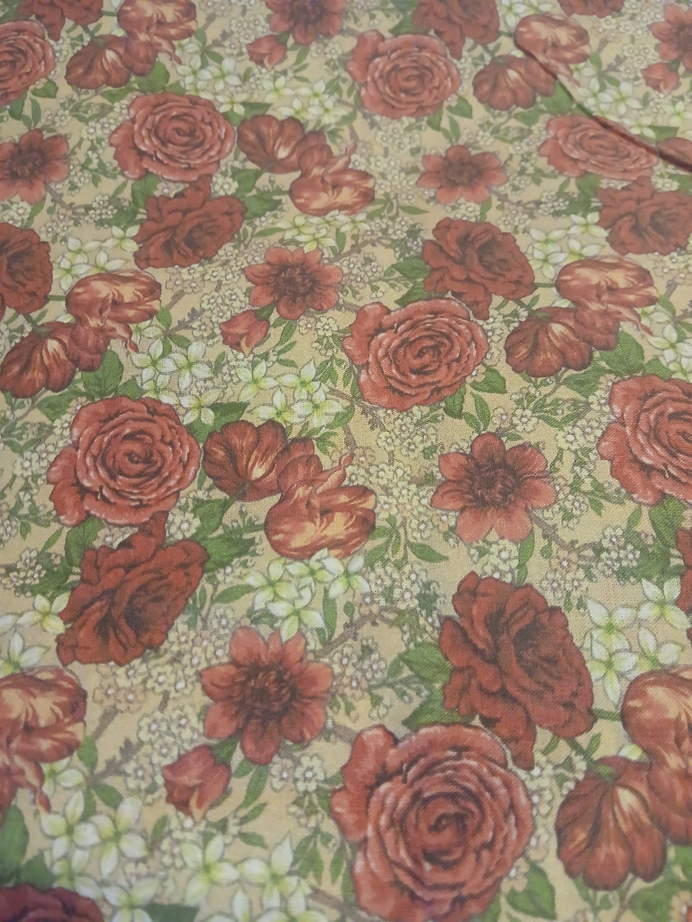 Fabric- Red Roses on golden Olive Floral background Cotton, 5 yards